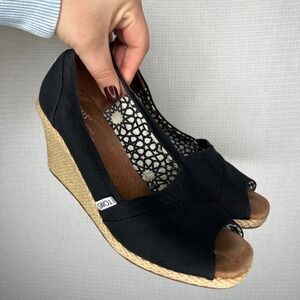 TOMS Black Canvas Peep‎ Toe Wedge Espadrille Shoes Women's Size 9.5